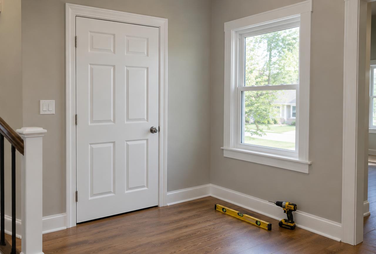 Newly installed interior door and window with fresh trim